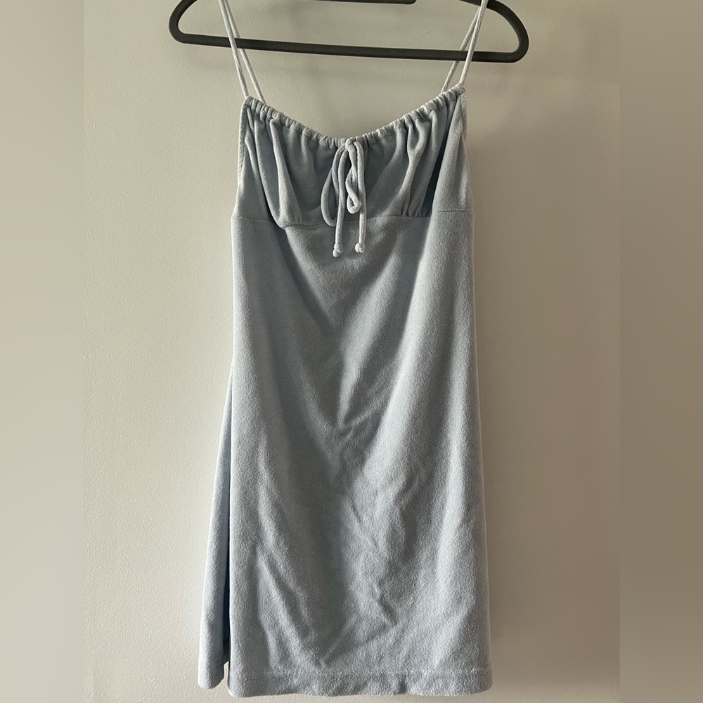 NIA Light Blue Terry Mini Dress Cotton Blend Tie Front Size M - Picture 3 of 11
